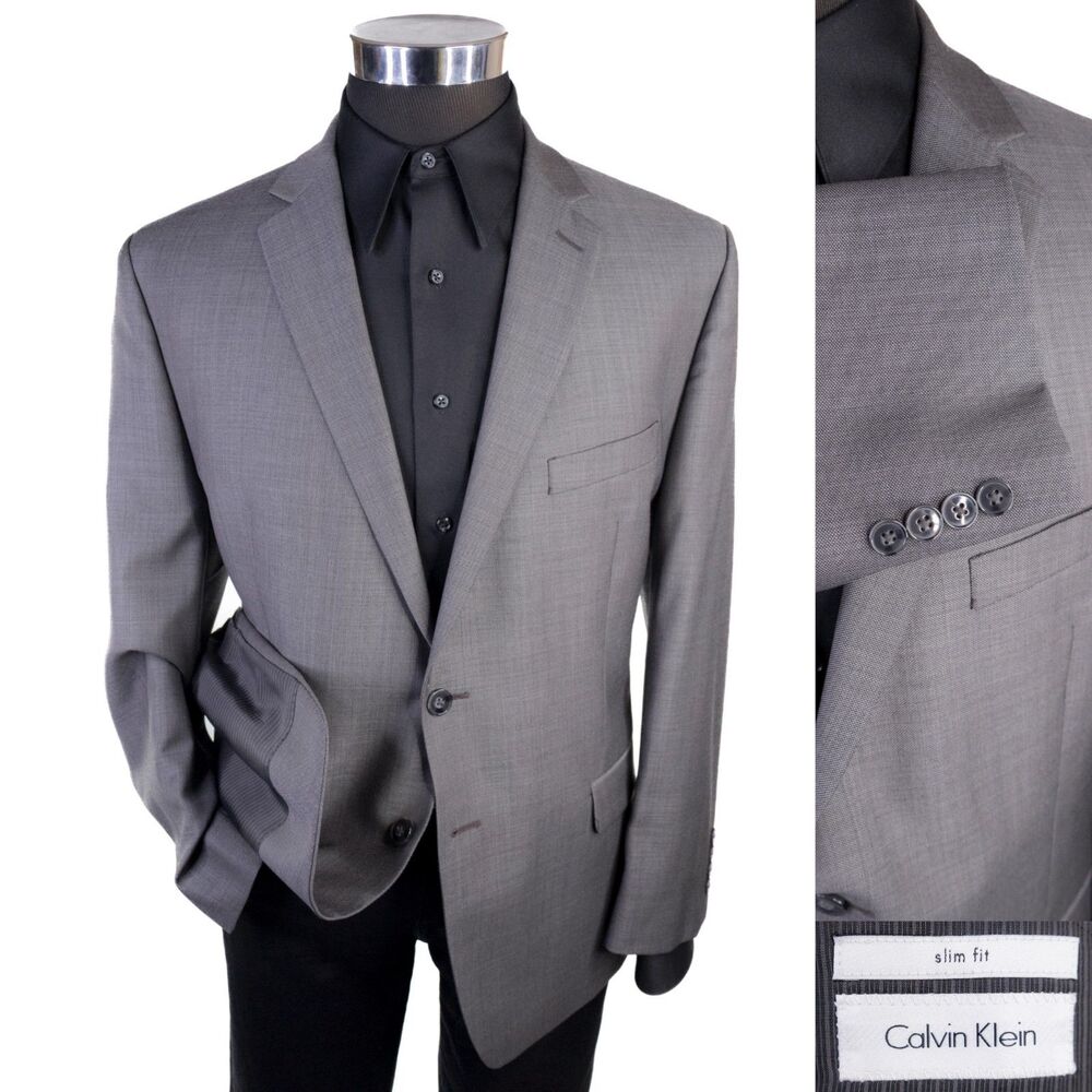 Calvin Klein SLIM 42S Wool Solid Gray 2 Button Blazer Jacket Sport Coat